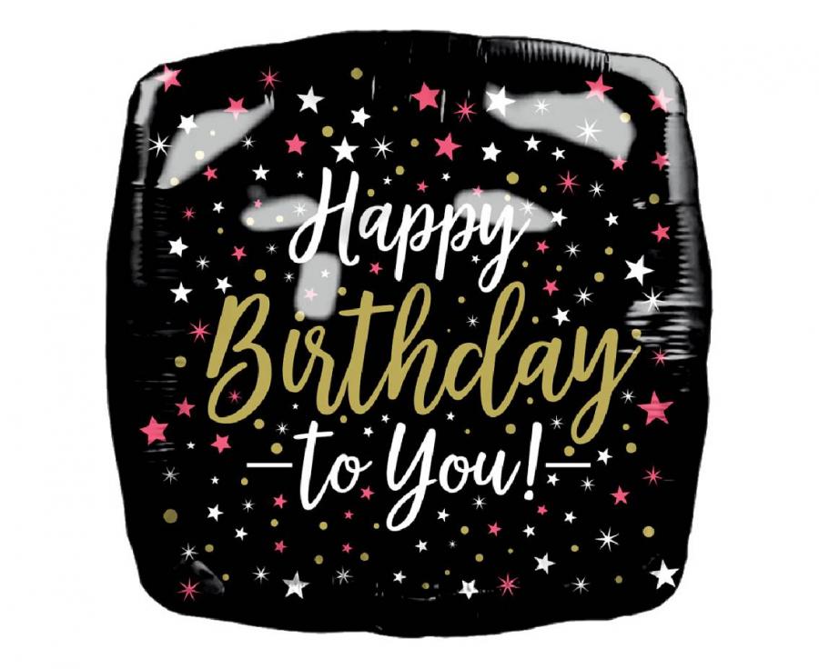 45 cm-es fólia lufi Happy Birthday fekete csillagos