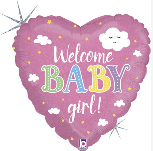 45 cm-es fólia lufi Welcome Baby Girl hologramos