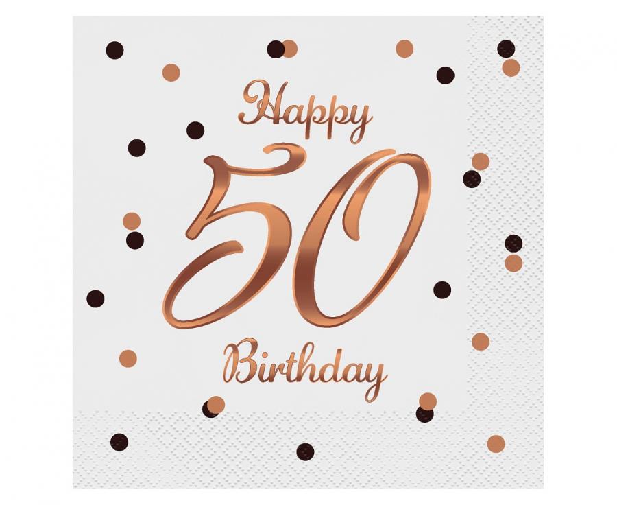 Happy Birthday 50. születésnapra fehér-rosegold papírszalvéta