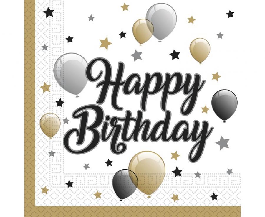 Happy Birthday, fehér, arany-ezüst lufis papírszalvéta